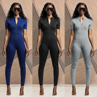 Solid Color Short Sleeve Front Zipper Skinny Fitness Jumpsuit