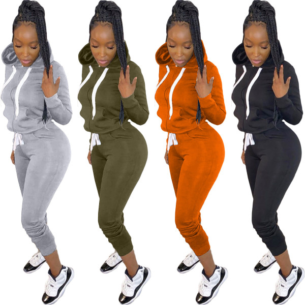 Fall Solid Color Zipper Hoodie Sweatpants 2 Pieces