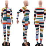 Women Colorful Striped Long Sleeve Zipper Top Pants Matching Sets