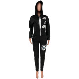 Winter Printed Zipper Hooded Loose Jacket Sweatpants Outfit