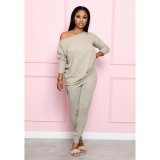 Women Solid Long Sleeve Loose T-shirt Leggings Two Piece Outfits