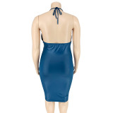 Plus Size Solid Color V-neck Sleeveless Bodycon Halter Dress