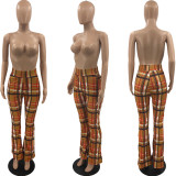Women Plaid Print Mid Waisted Casual Flare Pants