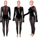 Sexy Transparent Mesh Spliced Long Sleeve Jumpsuits