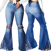 Plus Size Sexy Tassels High Elastic Denim Flared Ripped Jeans