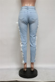 Elegant Street Style Lace Stitching Mid-waist Jeans