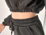 Winter Solid Long Sleeve Crop Top Pants Sportwear Matching Set