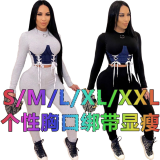 Long Sleeve Lace Up Crop Top Skinny Pants Two Piece Set