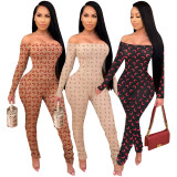 Moon Print Long Sleeve Off Shoulder Mid-waist Bodycon Jumpsuit