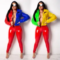 Contrast Color Glossy PU Leather Puffer Thick Bubble Coat