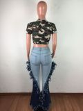 Women's Vintage Patchwork Tassel Skinny High Waist Flare Jeans
