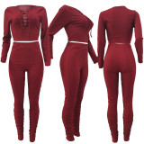 Winter Women Ribbed Long Sleeve Crop Top+Pants Club Outfits