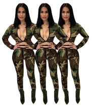 Sexy Low-cut Long Sleeve Lacing Crop Top Leggings Camo Suit