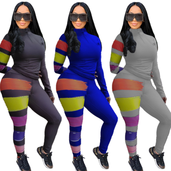 Turtleneck Long Sleeve Color Stripes Print T-shirt Leggings Suit