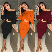 Solid Color Off Shoulder Bat Sleeve Crop Top Midi Skirt Suit