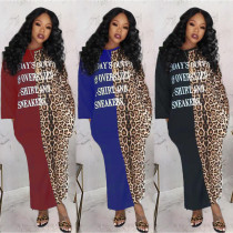 Casual Long Sleeve Leopard Letters Print Round Neck Loose Dress