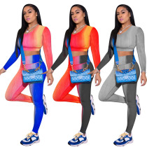 Women Tie Dye Print Long Sleeve Crop Tops Pants Fitness Suit