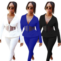 Women's Full Sleeve Blazers Pencil Pants Suit Two Piece Set