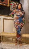 Fashion Women's Oil Print Long Sleeve Skinny Two Piece Pants Set