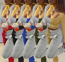 Spliced Color Long Sleeve Crop Top Sweatpants 2 Piece Set