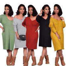 Women V-neck Solid-color Long-sleeved Loose Fitting Dress