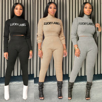 Lucky Label Embroidery Ribbed Turtleneck Crop Top Legging Set
