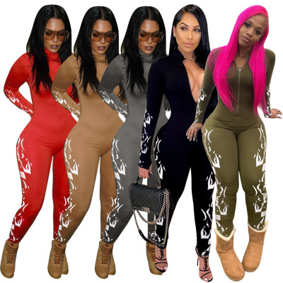 Women Print Long Sleeve Zipper Sportwear Bodycon Jumpsuit