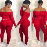 Knitted Solid Color Off Shoulder Crop Top Two Piece Pants Outfits