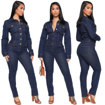 Plus Sizes Long Sleeve Bodycon One Piece Denim Jumpsuit