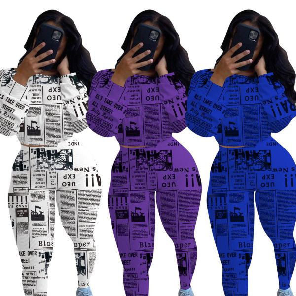 Letter Newspaper Printed Long Sleeve Tops Jogger Pants Suit