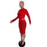 Women Solid Long Sleeve Zipper Top Midi Skirt Two Piece Set