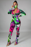 Street Colorful Graffiti Print Long Sleeve Zipper Bodycon Jumpsuit