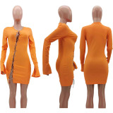 Solid Color Women Cross Lacing Long Sleeve Bodycon Dress