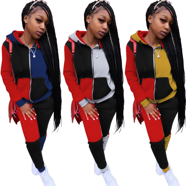 Color Block Spliced Hooded Zipper Top Leggings Two Pieces