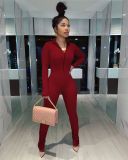 Womens Solid Color Long Sleeve Zipper Fitness Bodycon Jumpsuit