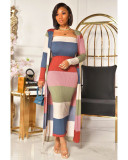 Winter Long Coats Tops+Dress Set Striped Print Tracksuit