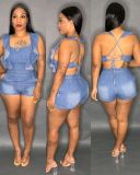 Denim Fabric Wooden Ear Side Back Hollow Out Romper