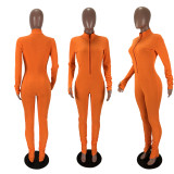 Women Solid Color Long Sleeve Front Zipper Bodycon Jumpsuit