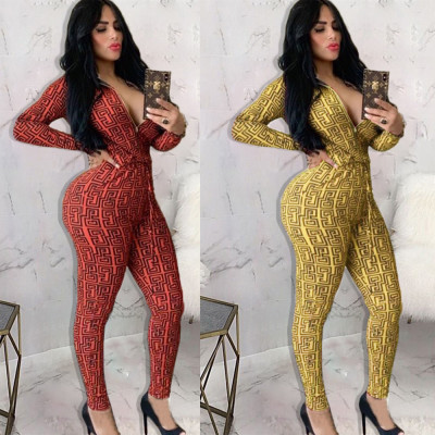 Fashion Printed Long-sleeved Collect Waist Skinny Zipper Jumpsuit