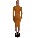 Women Solid Long Sleeve Zipper Top Midi Skirt Two Piece Set