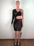 Sexy Fake Two-piece Mesh Perspective Lace Long-sleeved Vest Dress OSM-6123