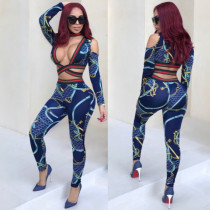 Sexy Print Long Sleeve Hollow Out Crop Top Leggings Two Pieces