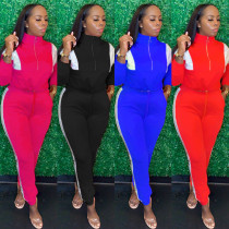 Colorblock Women Full Sleeve Stand Collar Two Piece Outfits