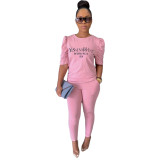 Stylish Short-sleeved Printed T-shirt Solid Color Pants Two-piece Set