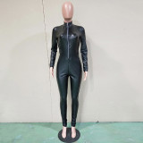 Shiny Pu Leather Zip Up Long Sleeve Bodycon Club Jumpsuit