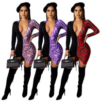 Patchwork Plaid Print Long Sleeve V-neck Drawstring Dress