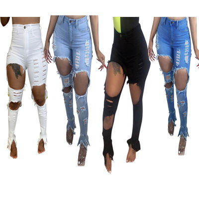 Elastic Cloth White Knee Hole Rippen Split Trouser Leg Jeans