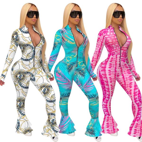 New Print Long Sleeve Zippered Fishtail Jumpsuit