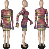 Sexy Gauze Tie-dye Printed Flared Long Sleeve Bodycon Dress