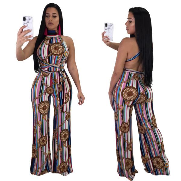 2022 Spring Print Sleeveless Hollow Out High Waist Jumpsuit